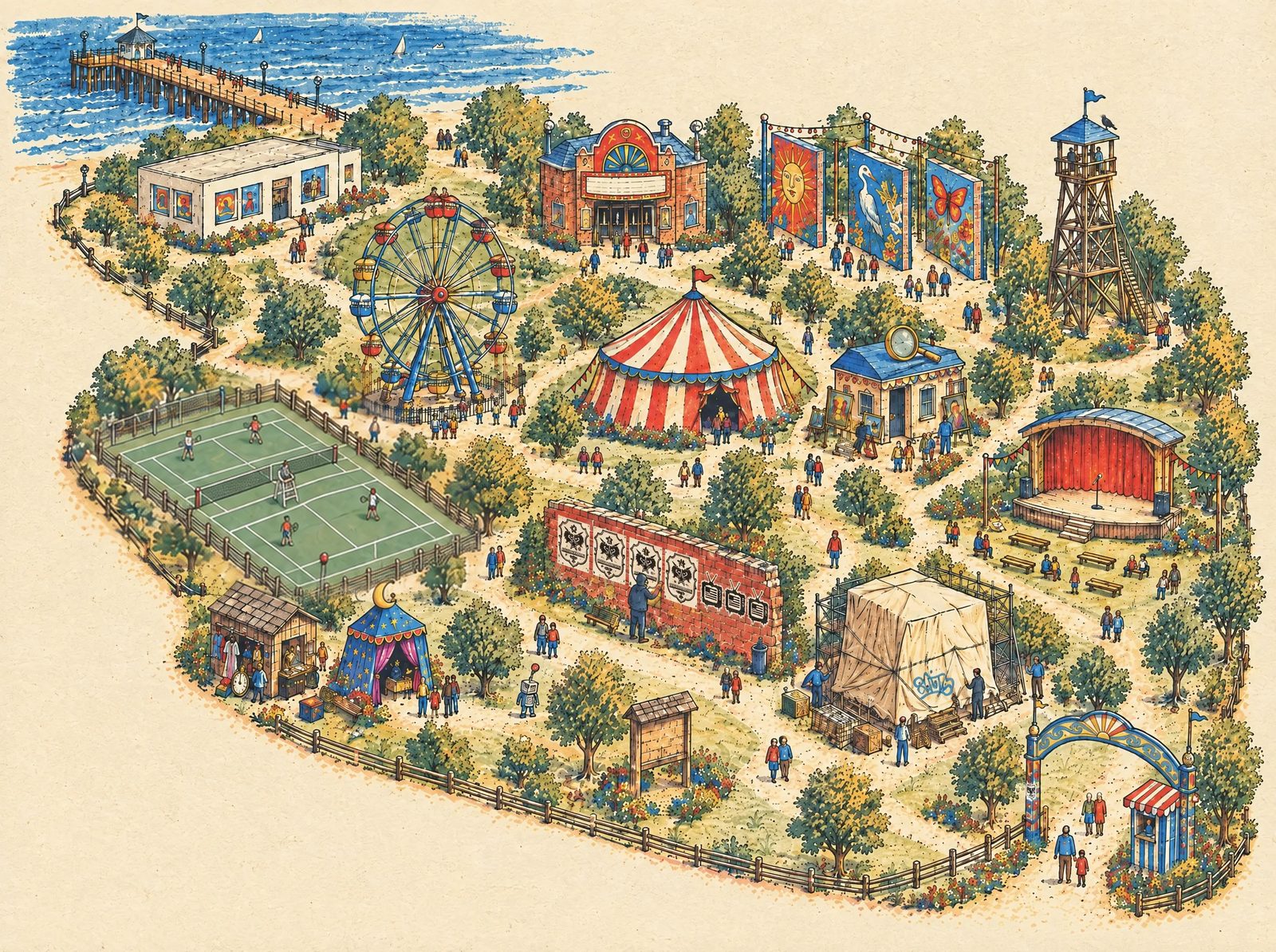 A hand-drawn map of Justin's park: a gate and ticket booth, a covered build site, a comedy stage, a striped tent, an appraiser's booth, a Ferris wheel, a gallery, a picture house, mural walls, a lookout tower, a pier, tennis courts, a fortune teller, a lost and found and a poster wall.
